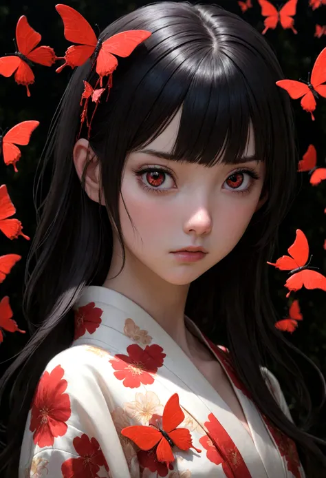 Photorealistic, Surreal, Cinematic Lighting, 32K, Girl, A dimly lit otherworld with many large butterflies flying around, Enma Ai, the protagonist of the Japanese anime Hell Girl, is 13 years old, Enma Ai is a girl with long hair that reaches down to her w...