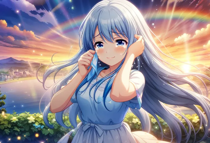 game cg,1lady,precious,(blue hair)|(gray hair)0.5,long hair,blue eyes,medium breasts,((happy tears)),smile,((tears)),wiping tear,sunset with rainbow