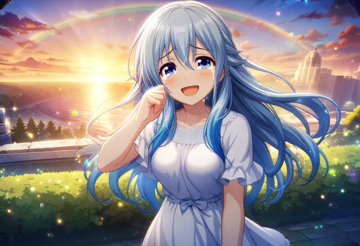 game cg,1lady,precious,(blue hair)|(gray hair)0.5,long hair,blue eyes,medium breasts,((happy tears)),smile,((tears)),wiping tear,sunset with rainbow