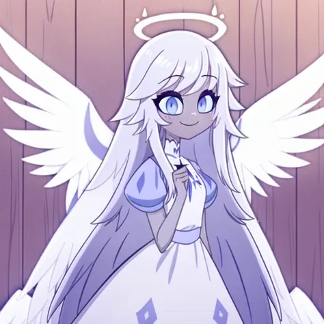 (in a wooden bedroom:1.1), a girl, angel, angel wings, blue eyes, colored skin, emily, grey skin:1.2, halo, light blue sclera, l...