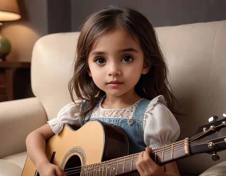 a young 3-year-old girl sitting on a sofa holding a large guitar on her lap, beautiful detailed eyes, beautiful detailed lips, extremely detailed eyes and face, long eyelashes, cute expression, beautiful dress, warm lighting, highly detailed, photorealisti...