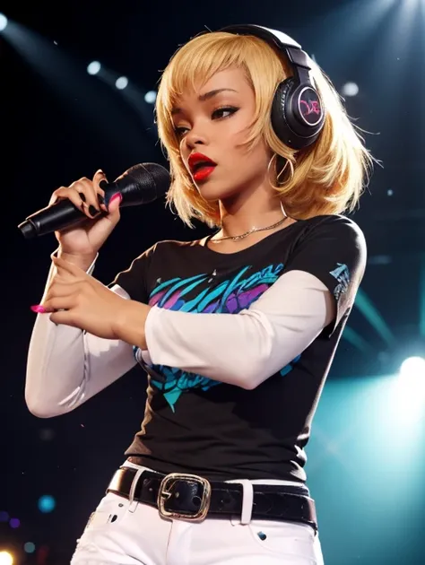 The face of Rihanna, blonde hair,earrings ,lipstick, eye shadow, makeup, 1girl, solo, black t-shirt, white shirt, blue jeans, belt, lipstick, large breasts, layered sleeves, sexy pose, holding a microphone, singing, stage background, headphones