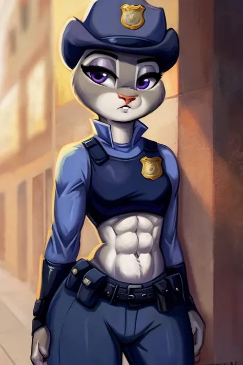 ((best quality)), ((masterpiece)), (detailed), judy hoops with abs wearing a crop top of her police uniform