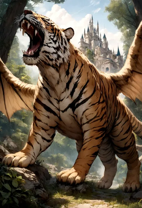 (highest quality,4K,High resolution,masterpiece:1.2),Very detailed,(Actual,photoActual:1.37),Wonderful nature,Castle visible in the distance,Vivid sky,Dense forest,endless ocean,Conquer the Tyrannosaurus Rex,Flying tiger with wings,Warm color palette、A wil...