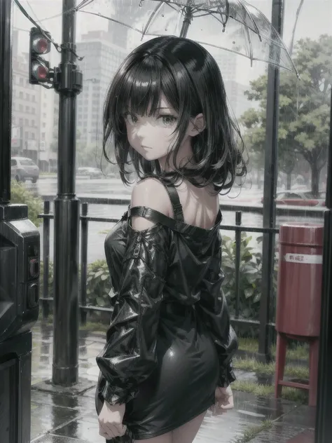 best quality, ultra-detailed, high resolution, extremely detailed cg, anime style, 8k, nice hands, perfect hands, perfect body, (green eyes), (black hair up to shoulder), drill hair, ribbon, beautiful eyes,wet clothes, short red dress, detailed and beautif...