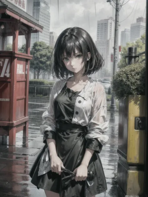 best quality, ultra-detailed, high resolution, extremely detailed cg, anime style, 8k, nice hands, perfect hands, perfect body, (green eyes), (black hair up to shoulder), drill hair, ribbon, beautiful eyes,wet clothes, short red dress, detailed and beautif...