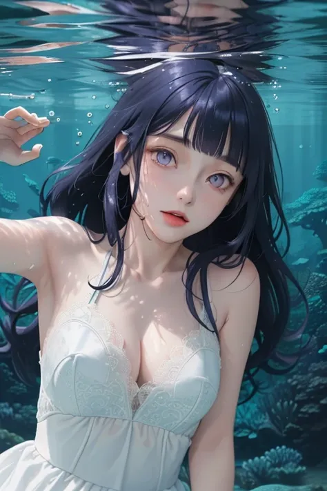 1girl, (sleepeace:0.9), head tilt, (underwater,underwater theme,underwater forest, reflection:1.2), upper_body, long hair,Blunt Bangs, purple eyes, dark blue hair,white dress,lace