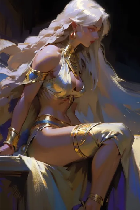 ((ultra realistic illustration:1.2)),(dark fantasy:1.4), In a desert kingdom. Beautiful exotic princess, long white hair, electric blue eyes. dark tan skin, gorgeous fit figure, toned legs,natural breasts, abs, perfect round ass, perfect skin, ancient Pers...