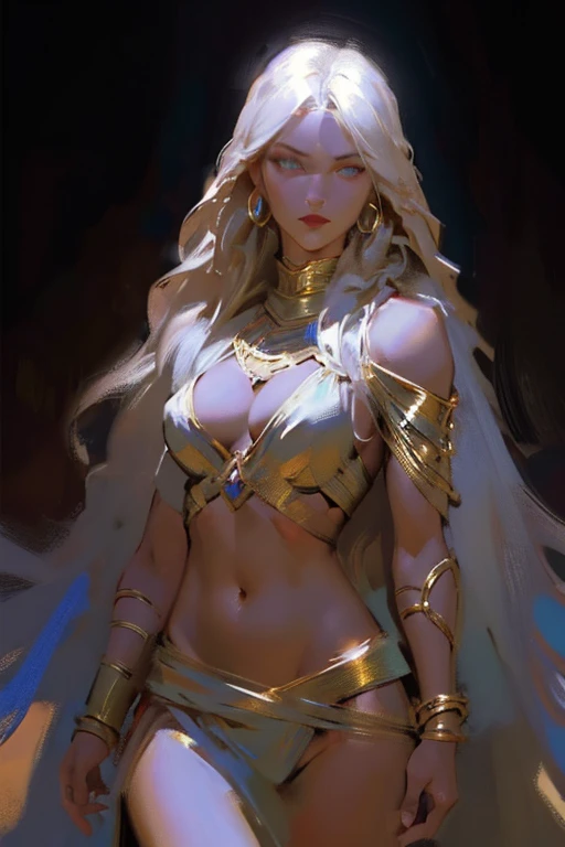 ((ultra realistic illustration:1.2)),(dark fantasy:1.4), In a desert kingdom. Beautiful exotic princess, long white hair, electric blue eyes. dark tan skin, gorgeous fit figure, toned legs,natural breasts, abs, perfect round ass, perfect skin, ancient Pers...