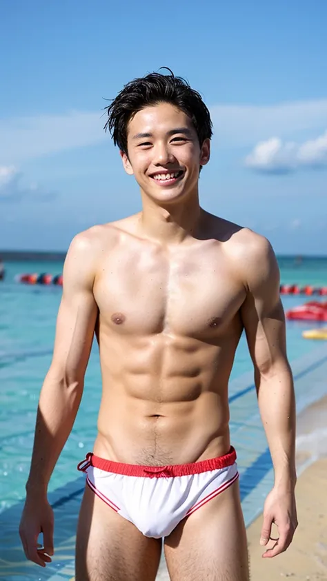 male Age 32 swimwear lifeguard topless smile