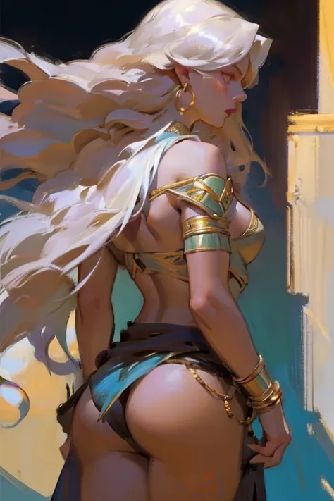 (back view),((ultra realistic illustration:1.2)),(dark fantasy:1.4), In a desert kingdom. Beautiful exotic princess, long white hair, electric blue eyes. dark tan skin, gorgeous fit figure, toned legs,natural breasts, abs, perfect round ass, perfect skin, ...