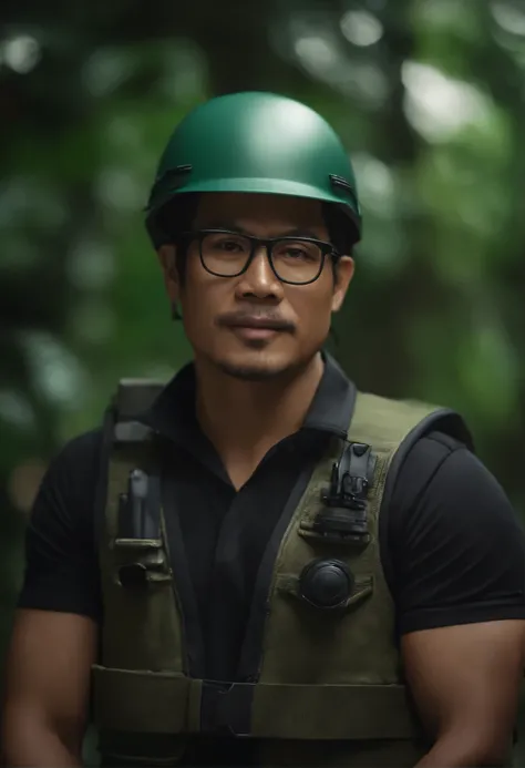 Create very realistic 3D characters with amazingly realistic facial and clothing details! 35 year old Indonesian man, wearing a project helmet, wearing glasses, wearing a shirt covered with a green project vest. with a studio photo background and very real...