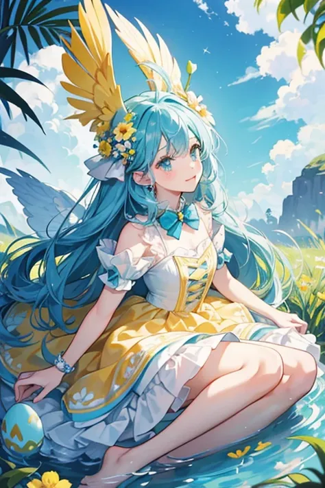 SHE has a yellow body with stubby arms and a pink beak. SHE has a flower crown consisting of blue, white, and yellow flowers, and a pair of ears on top of hER head, with their insides being blue with white spots. SHe floats in the air on a green nest fille...