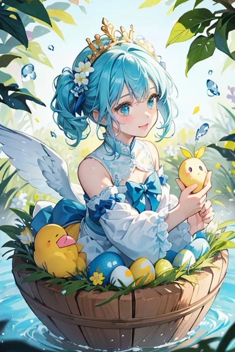 SHE has a yellow body with stubby arms and a pink beak. SHE has a flower crown consisting of blue, white, and yellow flowers, and a pair of ears on top of hER head, with their insides being blue with white spots. SHe floats in the air on a green nest fille...