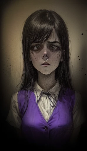 arafed drawing of a woman with a purple vest and a white shirt, inspired by Violet Fuller, shadowy and eerie character, fan art, colored sketch, tired and haunted expression, portrait of a ominous girl, inspired by Junji Ito, scary portrait, took on ipad, ...