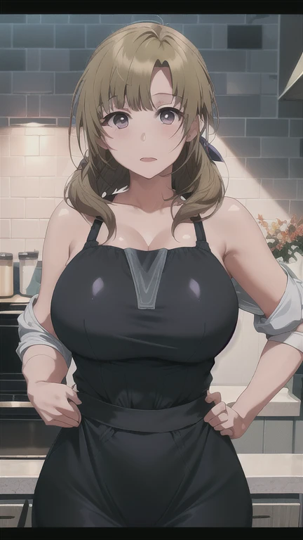 1 Girl, Mako Daiki in Anime Okaasan Online, Very large breasts,(((Full breasts,)))(((Large Breasts))) (((Cleavage))), Standing in the kitchen wearing a black dress，Green eyes,