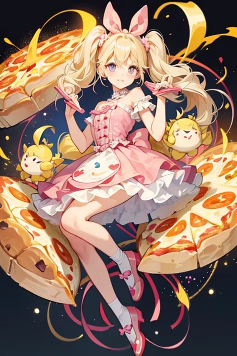 Pizalinatchi has yellow skin, blue oval-shaped eyes with two small eyelashes each, and pink cheeks. She has messy blonde pigtails resembling melted cheese, with some drops of cheese falling off and forming heart and circle shapes. On her feet, she wears tw...