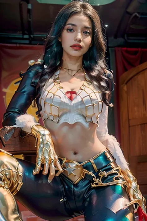 ( Masterpiece, 4k resolution, ultra-realistic, very detailed) ((realistic) (cinematic) (A beautiful female Turkish superhero  , (green eyes) and (long dark brown wavy hair), she wears a (red sleeveless outfit with a star symbol on her chest)   (, with gold...