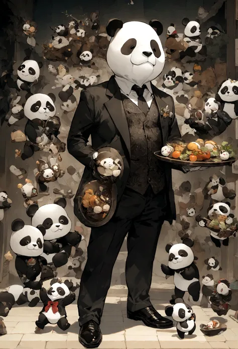 Anthropomorphic Panda, whole body, Formal Wear with Suit Jacket, Holding a tray, Panda stickers, Panda stickers.