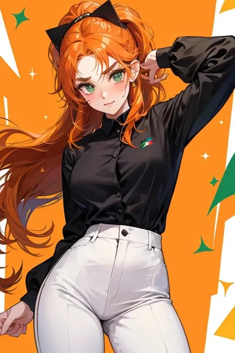 SHE has a rectangular head with orange hair. SHe has green pepper eyebrows and pepperoni cheek blush. SHe wears black shades, a long sleeve shirt with the colors of the Italian flag, and white pants. SPARKLE; GLITTER