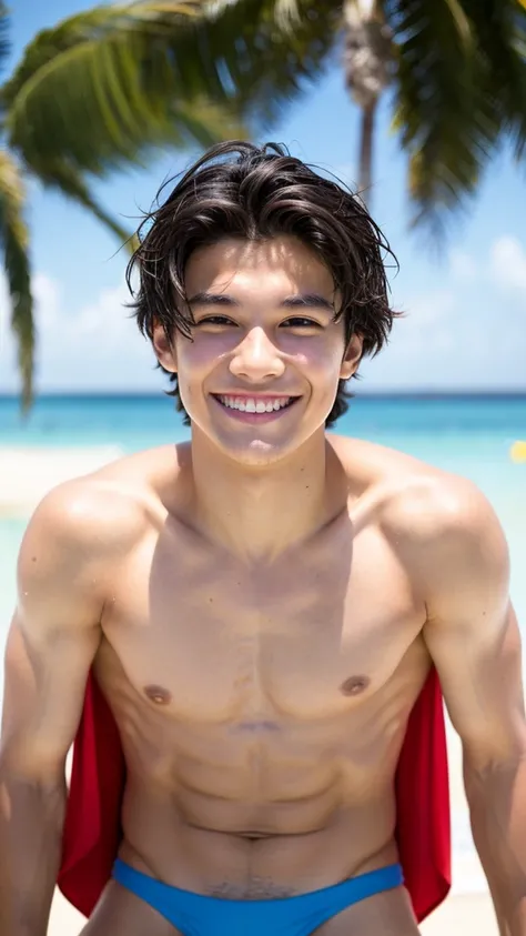 male Age 19 swimwear lifeguard topless smile