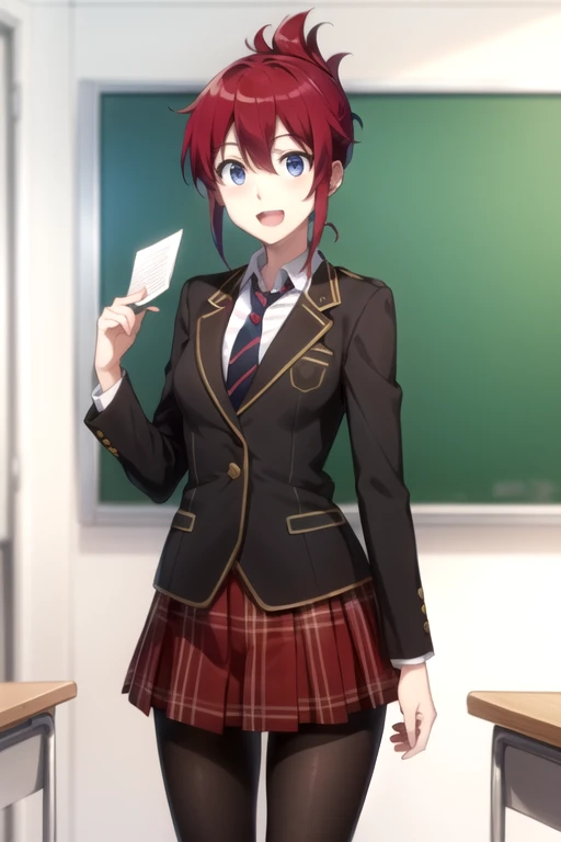 best quality, masterpiece, highly detailed,
sakurai aoi rw,
open mouth, light smile,
blue eyes, red hair, short hair, folded ponytail,
, blazer, necktie, red skirt, pantyhose,
standing, looking at the viewer,
classroom