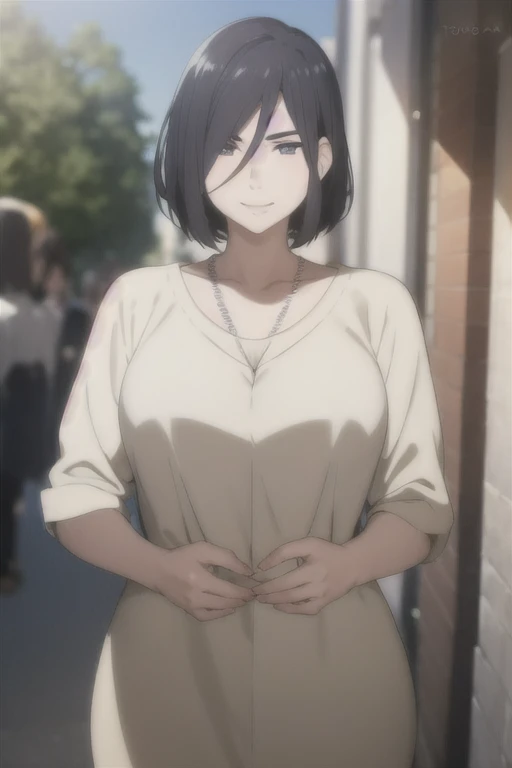 masterpiece, (best quality), 1woman,1girl, izumi_nase,  black hair, short hair, purple eyes, jewelry,pearl necklace, jacket, white shirt, sexy woman, mole under mouth, smile, blush,perfect proportions, vibrant colors ,natural lighting  ,RTX,  , beautiful, ...