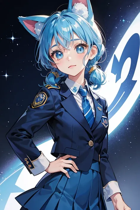 Police Officer Memetchi wears a blue police uniform, consisting of a navy blue blazer over a white shirt and blue tie. She also wears a matching navy blue skirt. SPARKLE; GLITTER