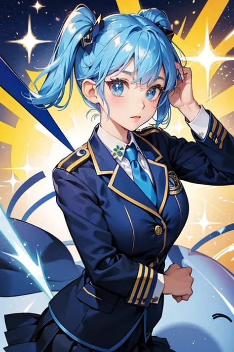 Police Officer Memetchi wears a blue police uniform, consisting of a navy blue blazer over a white shirt and blue tie. She also wears a matching navy blue skirt. SPARKLE; GLITTER