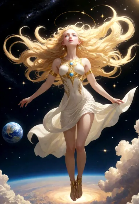 (masterpiece、highest quality、High resolution、8k)、Alone in space、Greek Goddess、Standing posture、whole body、Super beautiful、(Floating in the sky like a star、Floating、Floating)、金色のLightがwhole bodyを包んでいる、whole bodyがLightの中にある、Looking down on the earth、(目がくらむほど...