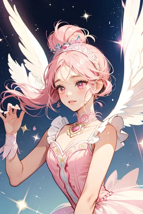 Primatchi looks like an angel and a ballerina. She has a tan face, pink cheeks, eyelashes, and a pink beak. She wears white ballet clothes, a white headband, and has white wings. Like other Tamagotchis featured on the Uratama and V4.5, she has the Ura blue...