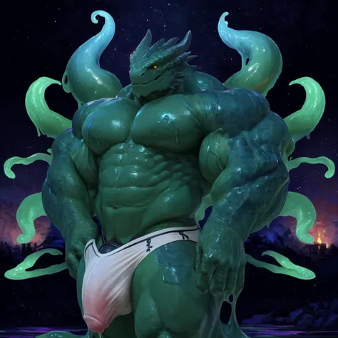 (masterpiece, best quality:1.2), othukimi, solo, 1boy, thedarkurge, dragonborn (dnd), green body, green scales, big muscle, vein, bodily fluids, covered in goo, goo creature, his body is a long tentacle, his body is a huge tentacle, (shirtless and black un...