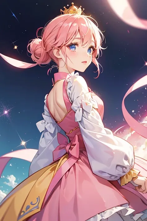 Princess Tamako has white skin, pink cheeks, and pink hair in a bun. Her eyes are oval-shaped with sparkles, and in the anime she has blue irises. She wears a yellow crown, and a red dress with white trim on the bottom. SPARKLE; GLITTER