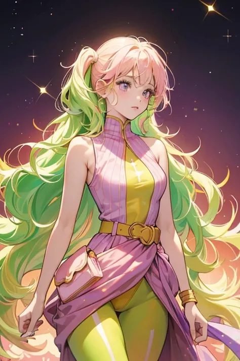 She has light pink skin and wavy green hair with yellow swirls. She wears a dark pink, sleeveless bodysuit that has an orange "V" shape at the top. She has a brown belt around her waist; at the side is a pouch containing various hairstyling accessories. Sh...