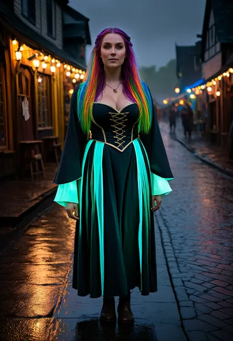 beautiful curvy irish female, soft features, 160lbs, renaissance faire style cleric, dark rainy city street at night, spellcasting pose, casting a spell, (glowing_hair:2.0), rainbow bright hrglw, (full body shot 1.0), cinematic photo, realistic, (real ligh...