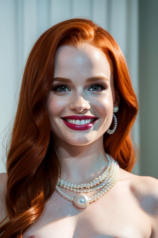 Madelaine Petsch wearing a pearl necklace and lipstick completely naked and smiling sexy