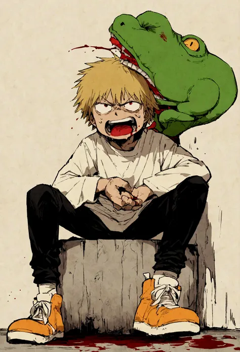 denji from chainsawman, eating yoshi head, blood, angry face, fullbody, sitting.