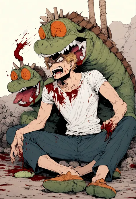 denji from chainsawman, eating yoshi head, blood, angry face, fullbody, sitting.