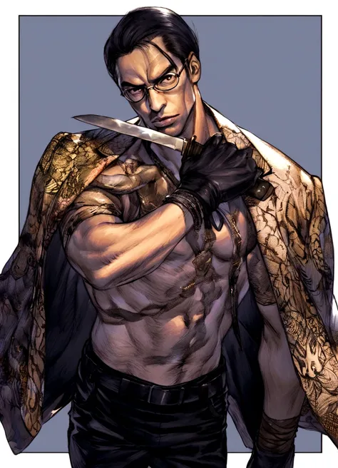 Arabian man with knife and snake wrapped around his chest, shinkiro toshiaki mori, His lower body is black leather pants, amano yoshitaka, shigenori soejima illustration, kentaro miura art, As a Tekken character, Goro Majima, Takehiko Inoue, Amano, Yakuza