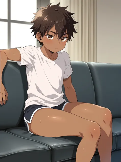 Score_9,  score_8_up,  score_7_up, source_anime, fine anime screencap_xl, anime_screencap, BREAK, 1boy, shota, sitting, couch, bored, Apathetic, no shirt, no top, messy hair, brown skin, dark skin, thighs, ikuchan