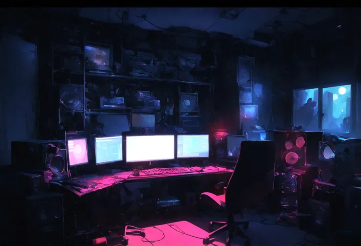 Music Studio, Dark Room, night, computer, keyboard, earphone, monitor speakers, Small Light, High resolution, Ultra Sharp, 8k, masterpiece