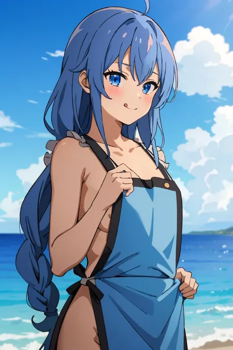 (masterpiece, best quality), music, 1 girl, solitary, Smile, blush, Double braid, long hair, Blue Hair, garlic,  blue eyes, ((apron)), ((nude)), 裸apron，Small Breasts, Upper Body, Everlasting,  looking at the audience, ocean滩, ocean,Stick out your tongue 