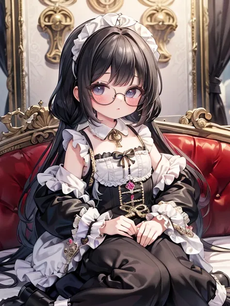 8k, (Baroque:1.8), 9-year-old girl, black eye, Glasses, Black Hair, Long Hair, Braid, Black maid outfit