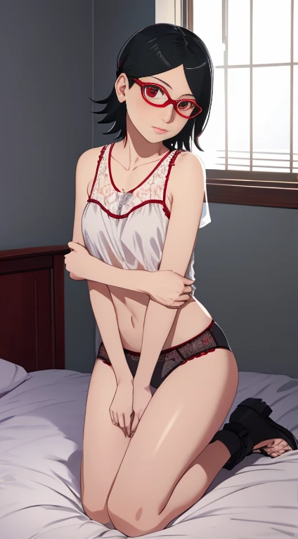 1 Girl, Solitary, Black Hair, short hair, Red Eyes, Frameless glasses. Put your hands behind your back, indoors, Kneeling on the bed, Floral underwear, see through silhouette, , , (masterpiece,best quality:1.2),absurd 