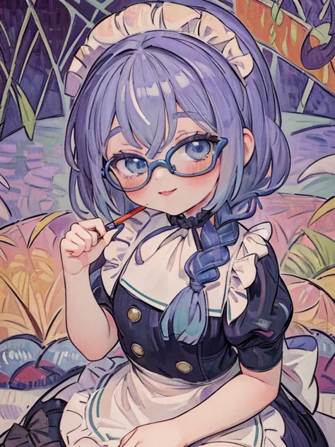 8k, (fauvism:1.8), 9-year-old girl, blue eyes, glasses, silver hair, long hair, braid, black maid outfit