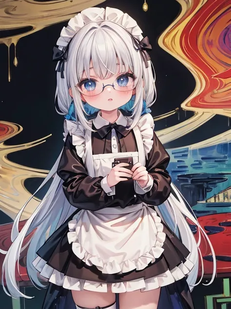 8k, (Expressionism:1.8), 9-year-old girl, blue eyes, Glasses, Silver Hair, Long Hair, Braid, Black maid outfit