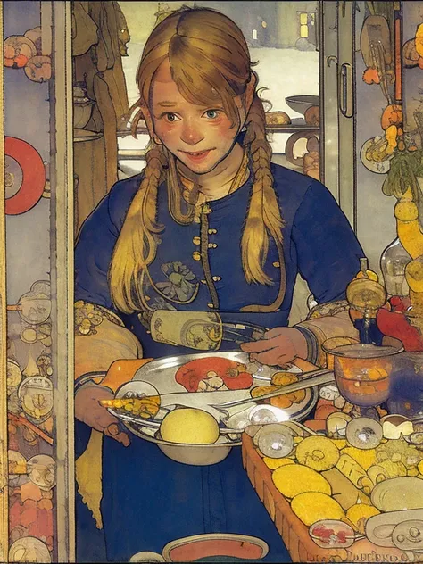 8k, (Carl Larsson:1.8), 9-year-old girl, blue eyes, Glasses, Silver Hair, Long Hair, Braid, Black maid outfit