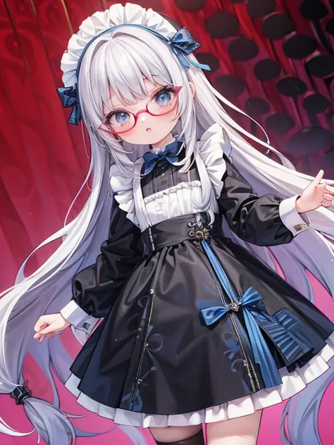 8k, (Op art:1.8), 9-year-old girl, blue eyes, Glasses, Silver Hair, Long Hair, Braid, Black maid outfit