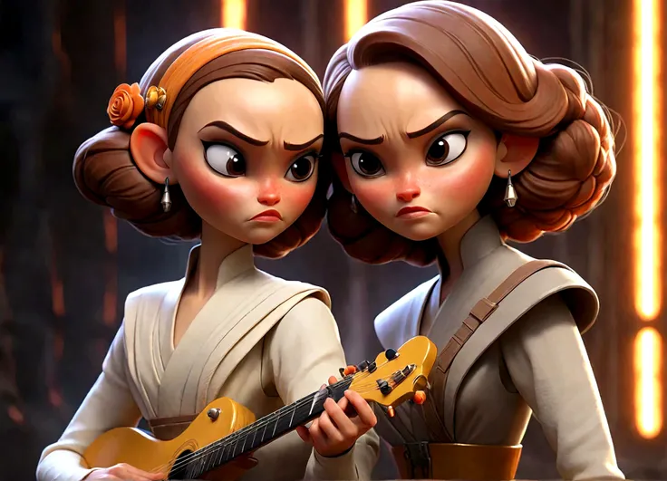 Ray (Daisy Ridley) and Queen Amidala (Natalie Portman age 25) are on a Naboo themed stage, they have neon lit electric guitars, power ballad, rock opera
