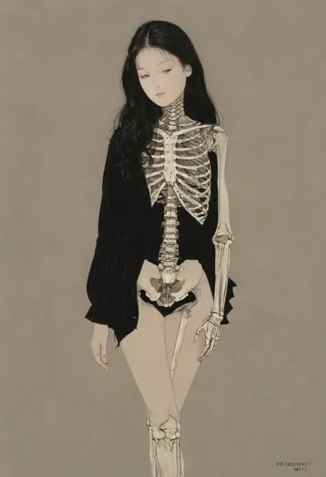 (masterpiece, best quality:1.2), sbgy，1girl，solo，anatomical correct:2, beautiful，black background, half skeleton half clothed bo...